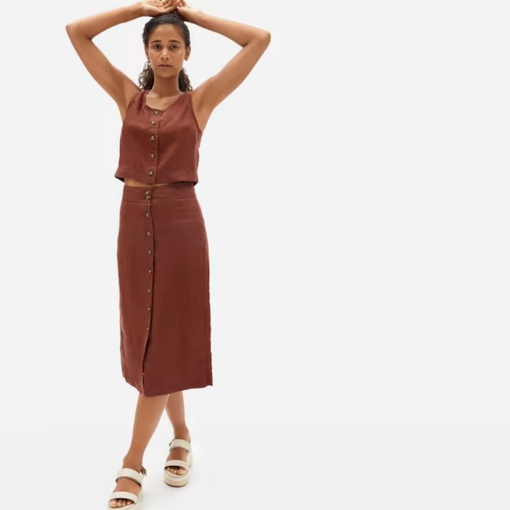 The Linen Button-Front Skirt and Tank Top (Size: 8, Color: Rosewood)